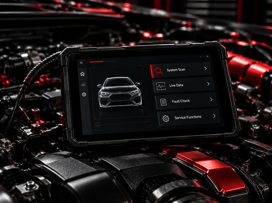 Diagnostic scanner displaying vehicle systems in an engine bay